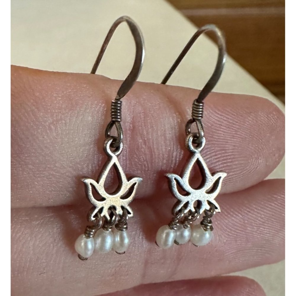vintage sterling Silver Lotus Dangle Earrings with White Pearl Drops